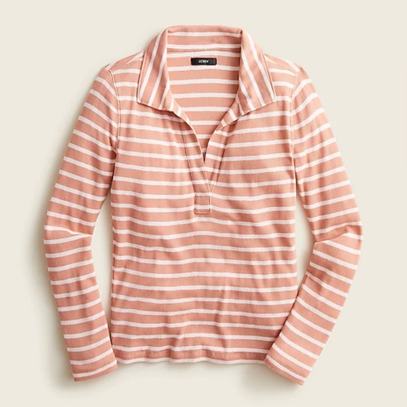 JCrew Long Sleeve Ribbed Polo in Clay Blush Stevie Stripe - Picture 4 of 5